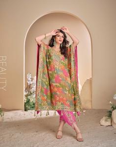 Intrincado hecho a mano Gota Patti Tulip Mirror Work Kaftan Design Pure Organza Crepe Silk Shalwar Kameez Suit Fancy Model Number - Product Image 5