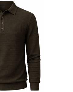 Customized <b>Mens</b> Fine Textured Knit <b>Polo</b> Sweater Long Sleeve Button <b>Neck</b> Casual Winter Pullover <b>Top</b> In Dark Olive Brown - Product Image 3