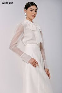 Blusas y camisas blancas de manga larga para mujer, cuello con lazo, CAMISETA NOAM BOW 73% Cupra, ropa Formal de poliéster 27% para mujer de Vietnam - Product Image 4