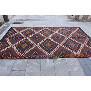 Classique 6X10 Ft Turc Kilim Tapis Rouge Bleu Patchwork Conception Laine Latex Support Rectangle Grande Surface Couloir Modèle 10mm - Product Image 4
