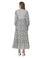 Sati Factory Été Casual Coupe Droite Longue Coton Maxi Robe Col V Motif Imprimé Floral Manches Longues Taille Empire Blanc Noir