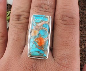 Anillo de plata empañado bohemio de estilo Vintage hecho a mano con ostra cobre turquesa piedra preciosa forma ovalada anillo de bodas de piedra para mujer - Product Image 3