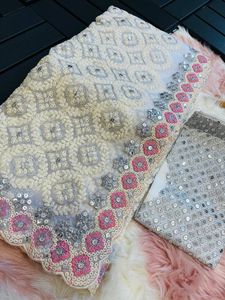 Nouveau 2024 Designer Doux Raffiné Organza Soie Saree Avec Lucknowi Fil Chikankari 9Mm Paillettes Attachées Viscos Bordure Travail - Product Image 3