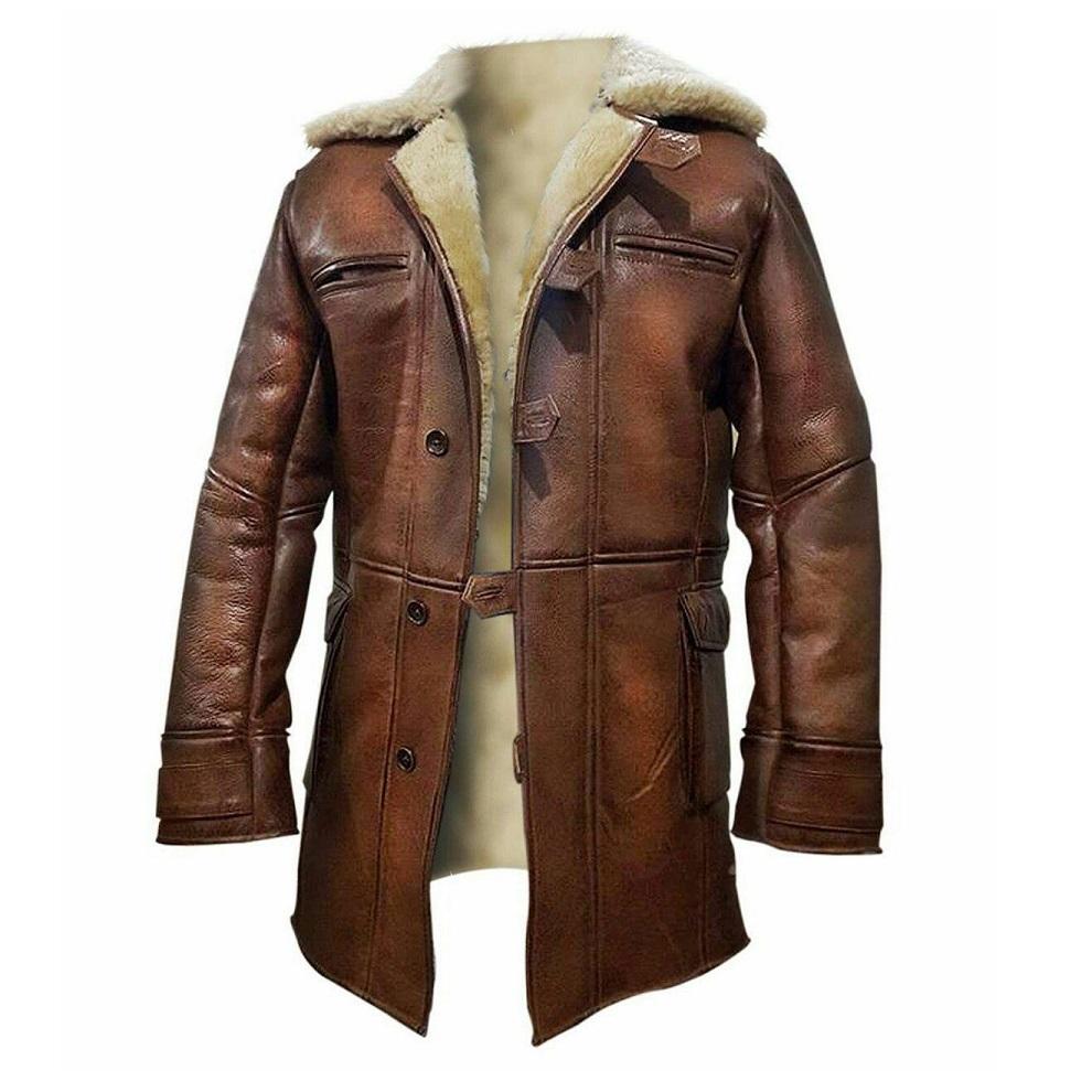 Mens Leather Long Jacket Bane Coat Winter Trench Coat Genuine Lambskin Wool Fur shearling long leather coat