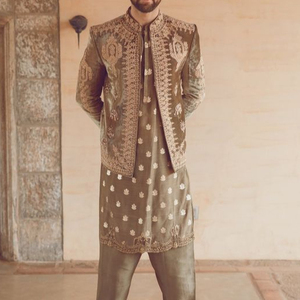 2022 New Heavy Embroidery Indowestern Dress with XL Size <b>Pants</b> on Velvet & Silk Fabric with Matching Shoes Party-Wear/Wedding - Product Image 1