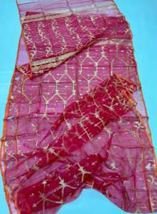 Hot Exclusive Read Deshi Dhakai Jamdani Sharee Tendance pour les femmes JAMDANI TISSU Bleu ROUGE VERT Doré Bleu Ciel Du Bangladesh. - Product Image 4