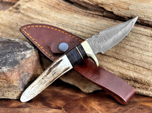 Cuchillo de caza de bolsillo de hoja fija de acero de Damasco hecho a mano al aire libre al por mayor con Funda de cuero a la venta - Product Image 4