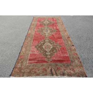 Alfombra turca Vintage de 4,5x11,4 pies, diseño de retazos rojo y marrón, técnica de tejido plano de látex de lana para decoraciones de sala de estar - Product Image 1