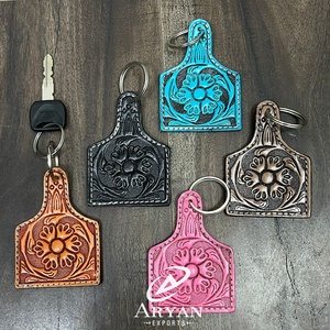 พวงกุญแจหนังวัวแท้ทำมือลวดลายตะวันตก ประดับด้วยเทอร์ควอยซ์  สำหรับกระเป๋าและกุญแจ - Product Image 1