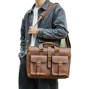 Handmade <b>18</b>-<b>Inch</b> Vintage Genuine Leather Crossbody Briefcase Soft Zipper Closure Portable Polyester Office <b>Laptop</b> <b>Bag</b> Unisex - Product Image 1