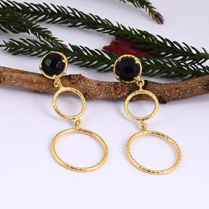 925 Sterling <b>Silver</b> Gold Plated Earring, Natural Black Onyx Long Dangler Earring Collection - Product Image 3