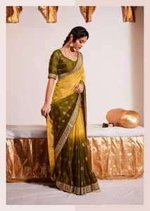 Colección de Saris de Seda Georgette de Dos Tonos con Trabajo de Tejido para Mujeres Indias y Pakistaníes - Product Image 3