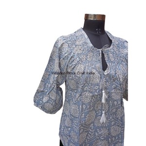 Tops pour femmes en coton 100% de haute qualité, imprimé bohème vintage, manches bouffantes à boutons, collection ultime écologique, décontracté d'été - Product Image 3