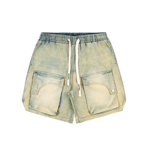 100% coton Shorts haute qualité taille élastique Logo personnalisé Cargo Jean Shorts foncé Vintage lavé grande taille hommes Shorts - Product Image 3