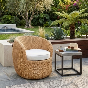 Fauteuil de jardin extérieur moderne en rotin tressé naturel avec coussin de siège blanc pour villa et parc – Ensemble de chaises longues de patio - Product Image 5