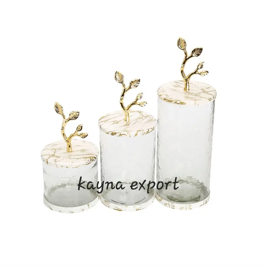 Newly designer food storage glass canister with gold and white texture lid peanuts and dry fruit storage jar canister jar