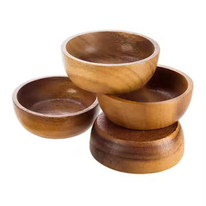 Grandes assiettes sculptées naturelles réutilisables et polies Lot de 4 bols ronds en bois d'acacia brun pour condiments par l'artisanat du croissant - Product Image 1