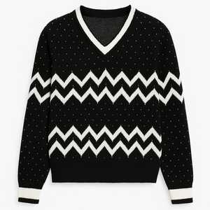 Vente en gros de pulls pour hommes en tricot Zigzag à col en V personnalisés | Pull chaud mode d'hiver | Fabricant de chandails à motifs de créateur - Product Image 2