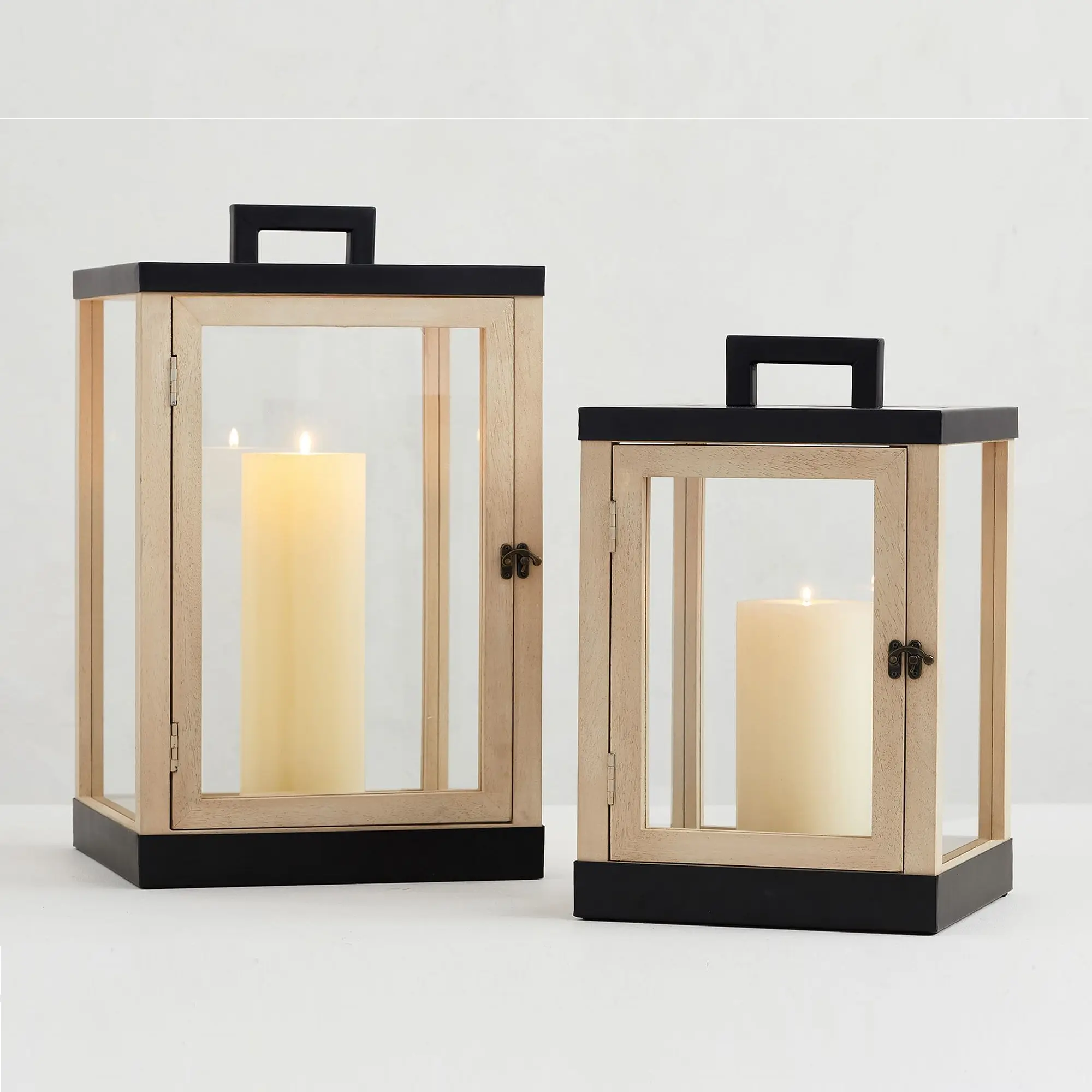 Lanterna a candela in legno di Mango e vetro di nuovo Design lanterna fatta a mano con portacandele in legno e metallo da appendere al giardino di forma quadrata