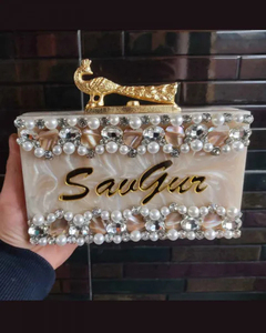 กระเป๋าคลัทช์ทำด้วยมือมีสไตล์กระเป๋าปาร์ตี้อินเดียระดับพรีเมียมพร้อมกระดุมโซ่ประดับมุกและของตกแต่งสไตล์เพชร - Product Image 3