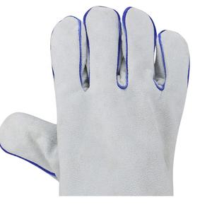 Gants de soudage en cuir de vache blanc naturel avec doublure en coton polaire cousu bleu Fonction anti-impact pour soudeur - Product Image 6