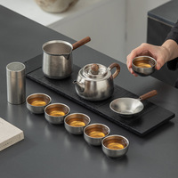 Service à thé d'extérieur de luxe en titane pur fait main, tasses à double paroi, théière chinoise Kung Fu, portable, idéal pour un cadeau