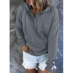 Por encargo de las mujeres 100% de algodón con capucha pulóver sudadera Casual botón cuello elegante manga larga Tops camisas - Product Image 1