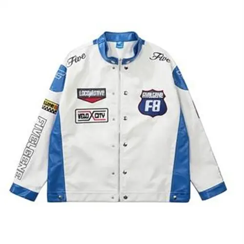 Chất Lượng Cao F1 Racing Phù Hợp Với Người Đàn Ông Của Nút Placket Cổ Áo Xe Máy PU Áo Khoác Thêu Nascar Da Áo Khoác Đứng Dệt 50Pcs