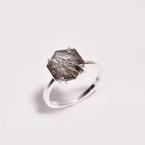 놀라운 약속 반지 925 스털링 실버 천연 블랙 루타일면 처리 된 컷 보석 반지 육각 모양 보석 보석