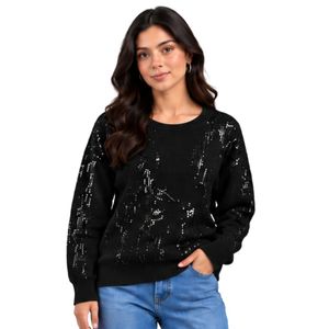 Pull en tricot noir à sequins pour femme, col rond, manches longues, élégant, décontracté, pour soirée, mode, tricot d'hiver - Product Image 1