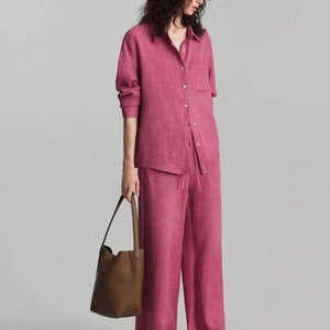 Chemise décontractée en pur coton à col ouvert et pantalon Self Design Chemise à manches longues avec palazzo - Product Image 1