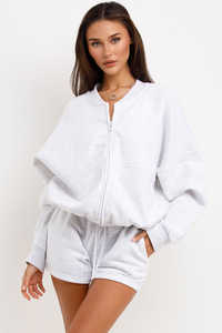 Best Quality <b>Grey</b> Marl 2 Piece <b>Women</b> Bomber Jacket And Shorts <b>Tracksuit</b> Set <b>Women</b> Hoodie & Short <b>Tracksuit</b> Set <b>Women</b> 2 Piece Set - Product Image 2