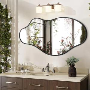 Miroir mural moderne irrégulier, cadre en métal noir, design asymétrique, décoration de salle de bain, miroir contemporain en forme de bassin ondulé - Product Image 4