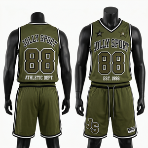 Custom Olive Green 180 GSM Polyester Mesh Basketball Jersey Shorts <b>Set</b> Tackle Twill Logo jersey short <b>set</b> for men's - Product Image 1