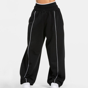 Pantalons de <span class=keywords><strong>jogging</strong></span> surdimensionnés noirs personnalisés, pantalons de sport en coton à ourlet roulé pour femmes et pantalons longs - Product Image 1