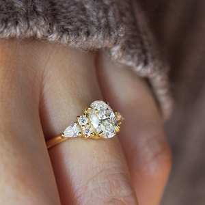 10x8mm Oval Cut Moissanite Engagement Ring | Pear & Round Side <b>Stones</b> | Gold Silver Bridal Wedding Fine Jewelry OEM - Product Image 5