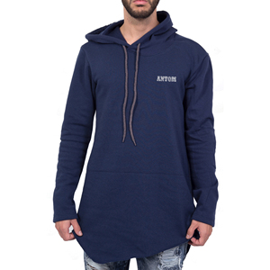Sweat à capuche long bleu marine pour homme avec capuche à cordon et fentes latérales Pull-over décontracté - Product Image 1
