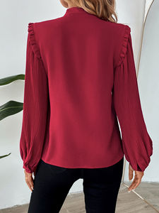2025 más nuevo Color rojo pajarita cuello linterna manga larga diseño elegante mujeres Casual suelta Tops y blusa - Product Image 6