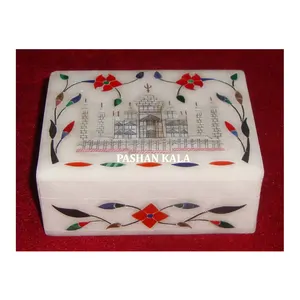 Caja Decorativa de Mármol Blanco Puro con Incrustaciones Hechas a Mano con Diseño del Taj Mahal y Caja de Almacenamiento de Joyas de Mármol Blanco Precioso Indio - Product Image 1