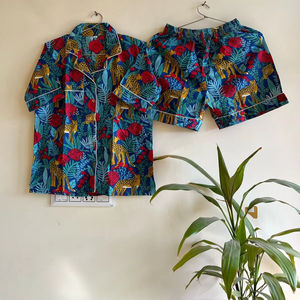 Ensemble de pyjama en coton bleu pour adultes femmes Sexy imprimé Animal costume de nuit bloc de main imprimé grande taille vêtements de nuit doux respirant - Product Image 1