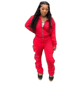 Cremallera inferior Cargo pantalón Sudadera con capucha conjunto de alta calidad 100% algodón 10 bolsillos Cargo pantalones cremallera Sudadera con capucha conjuntos para mujer - Product Image 1