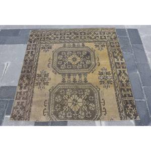 Classic Brown Beige Wool <b>Rug</b> 3.9 X 3.9 ft Turkish Style Patchwork Rectangle Latex Backed for Living Room Bedside Teen's <b>Space</b> - Product Image 1