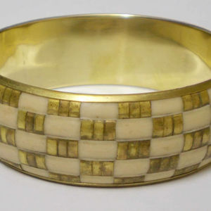 Luxury <b>Gold</b> And Cream Checkered Mosaic Inlay Copper <b>Bangle</b> For Women Trendy Wide Statement Cuff Bracelet Elegant High Polish - Product Image 1