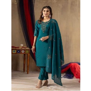 Tela de seda romana suave, conjunto Kurti, hilo bordado multicolor, trabajo hecho a mano, elegante mujer, fiesta de moda étnica india - Product Image 6