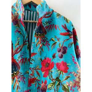 Veste en velours imprimé Turquoise Garden pour femmes, réversible, motif botanique et oiseaux, grande taille, pour la saison printanière - Product Image 3