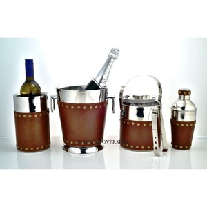 Seau à vin en acier inoxydable argenté poli et d'autres articles Bar Set avec cuir recouvert d'Inde - Product Image 3