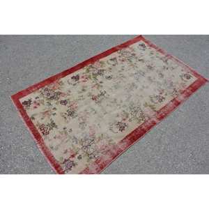 Alfombra turca clásica Beige roja Vintage de 3,5x6,1 pies de lana de retazos de área grande con respaldo de látex para pasillo o dormitorio - Product Image 3
