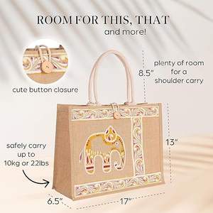 Sac fourre-tout de plage en jute tissé imperméable et réutilisable avec fermeture à glissière Sac cadeau décoré d'éléphant pour usage quotidien pour femmes - Product Image 2