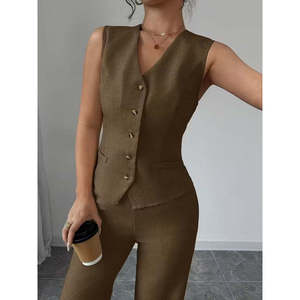 Ensemble deux pièces en lin pour femmes, chemisier sans manches boutonné devant et pantalon, 37765 - Café - Product Image 5