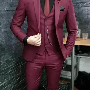 पुरुषों के लिए बर्गर सूट 3 पीस वाइन वेडिंग रेड टुक्सेडो जैकेट ग्रोममेन ड्रेसी पैंट सूट